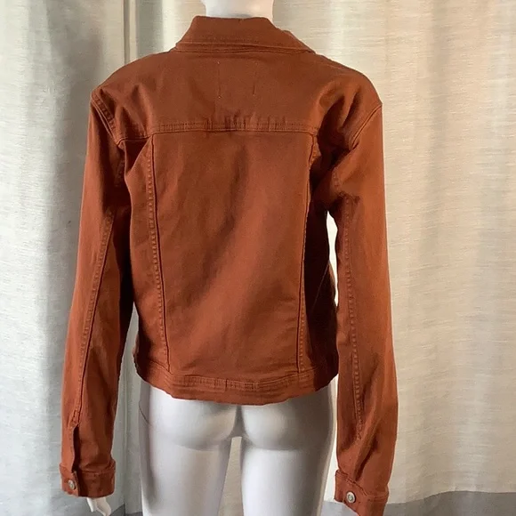 Kensie Vintage Luxe Pumpkin Rust Distressed Stretch Denim Jean Jacket Sz L - Picture 6 of 11